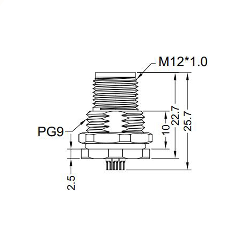 M12 3pins A code male straight front panel mount connector PG9 thread,unshielded,solder,brass with nickel plated shell